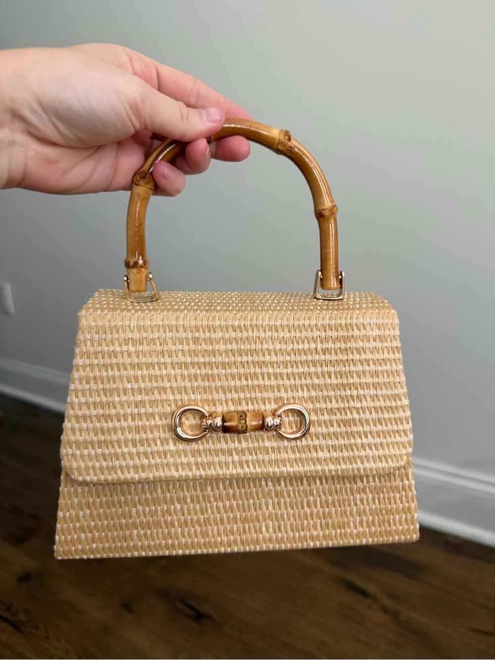 Woven Straw Top-Handle Satchel in Natural Tan with Bamboo Handle